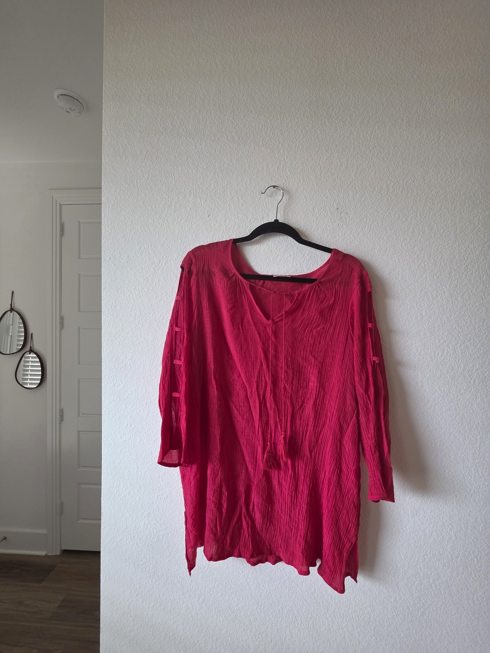 Avenue Bright Red Tunic with Tassel Detail Cutout Sleeves - Picture 2 of 7